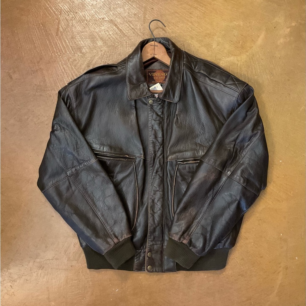 Vintage Black Leather Bomber Jacket